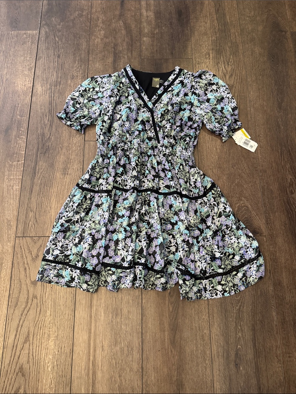 Taylor Floral Tiered Kids' Dress - Black, Lavender & Mint